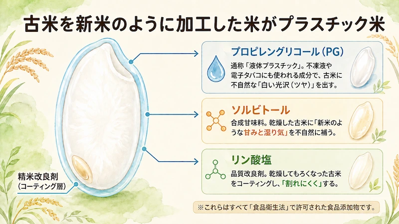 プラスチック米とは、古米や輸入米を新米のように見せるために「精米改良剤（食品添加物）」を使用した「加工米」